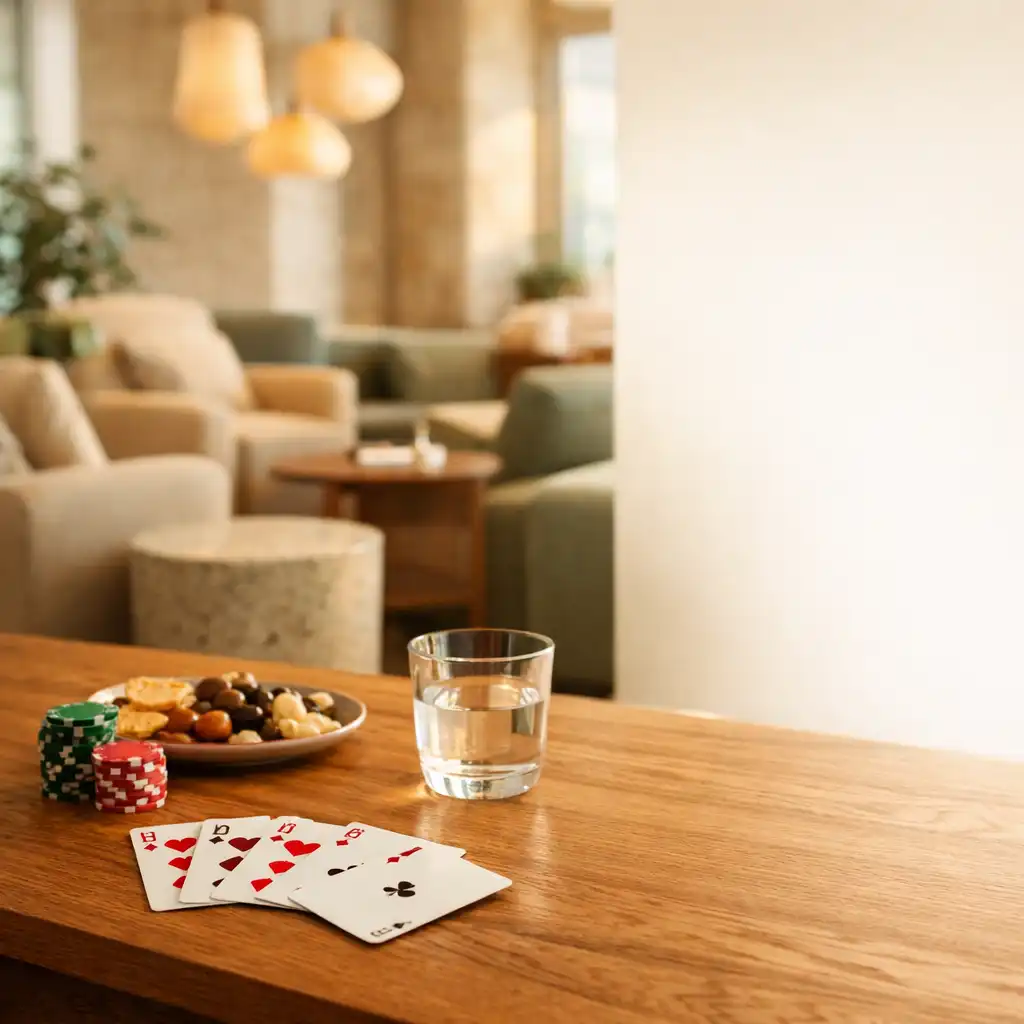A sunlit timber card table with physical cards, a water glass and a shared snack plate in the Card Lounge.