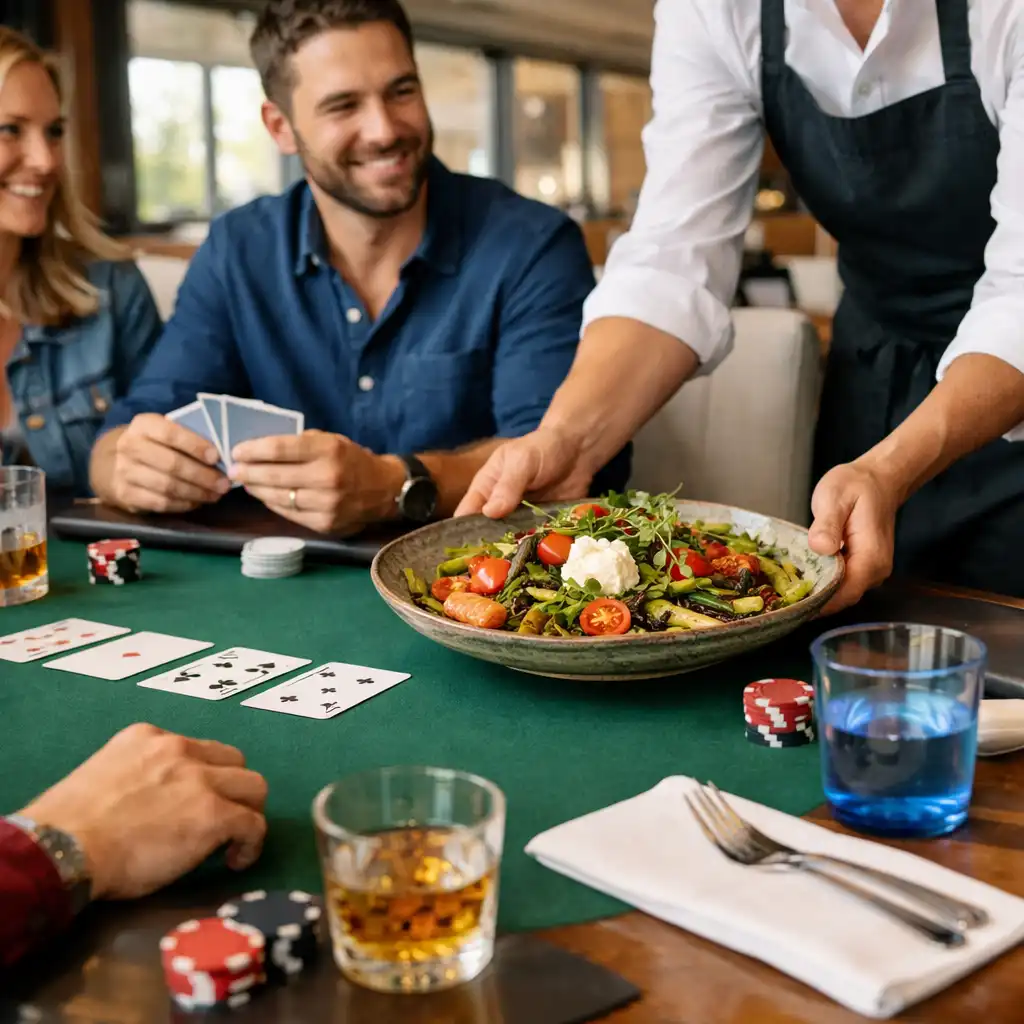 Table service placing a shared dish beside a physical card game while friends talk in the Card Lounge.