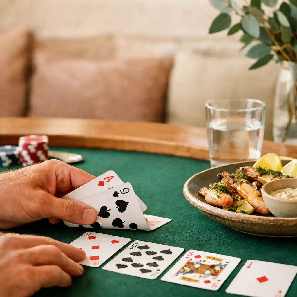 Hands arranging physical playing cards beside a shared dish and water glass on a warm timber table.