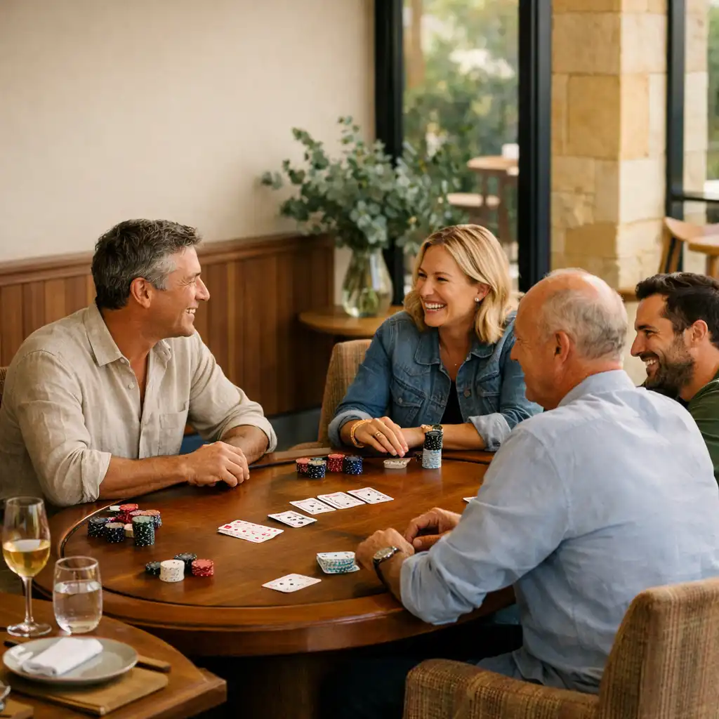 Friends gathered around a timber poker table with physical cards, glassware and plates in a bright Card Room.