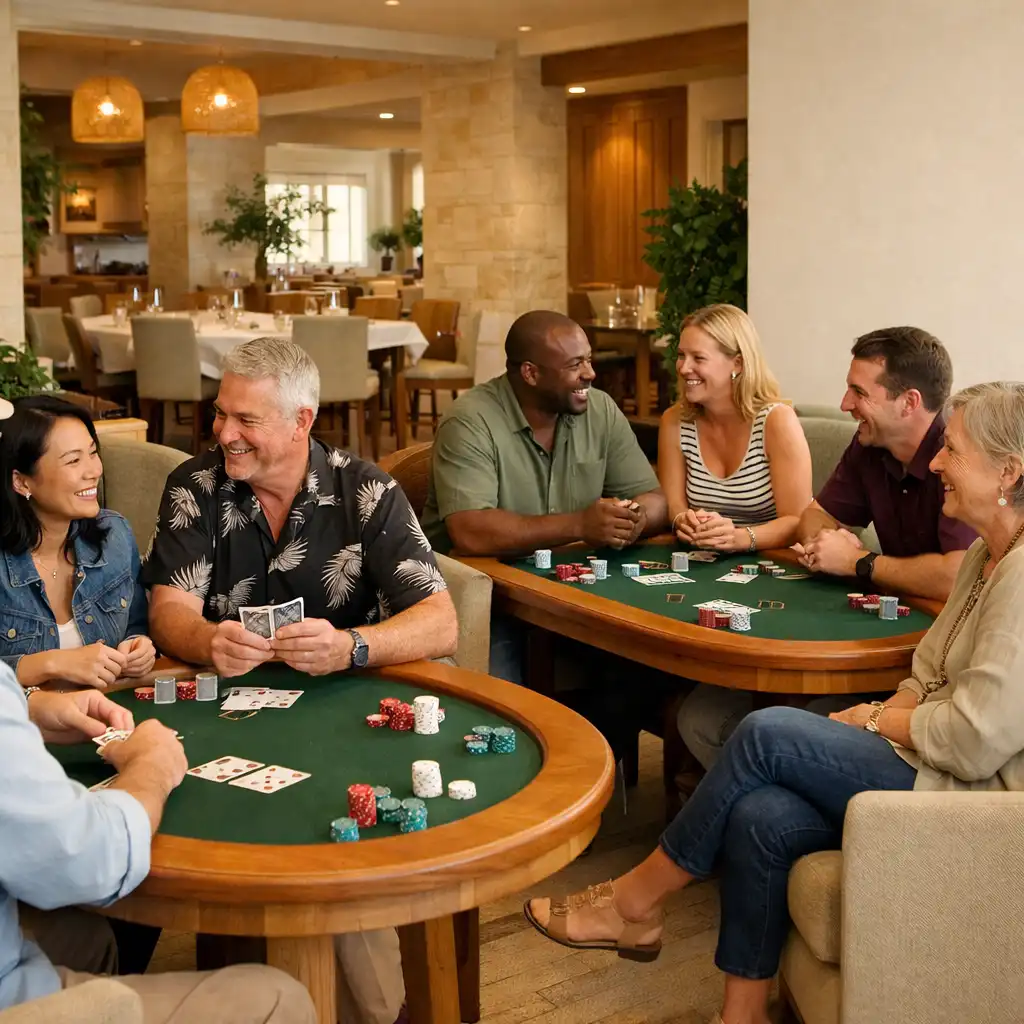A mixed group talking and smiling around real poker tables with cards, chips and lounge seating in a bright Card Room.