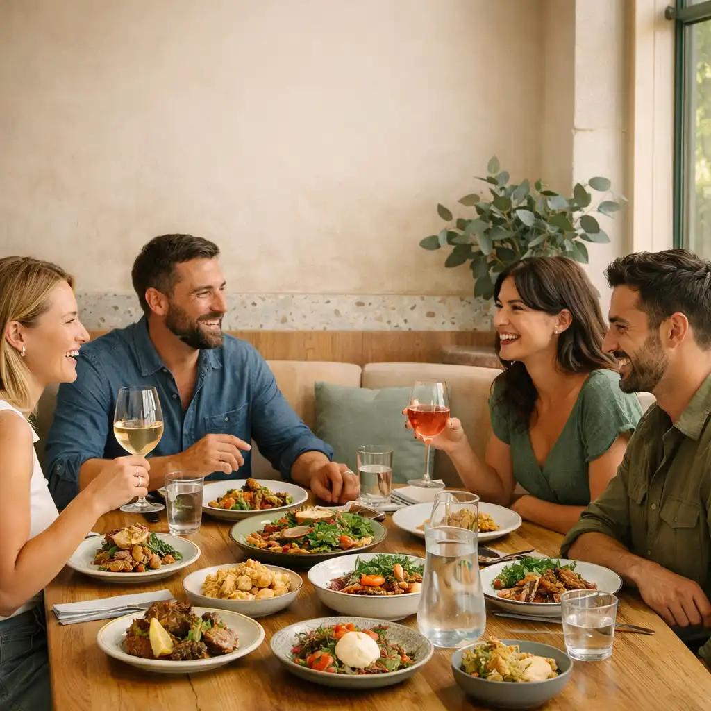 Friends sharing contemporary dishes and conversation around a dining table.