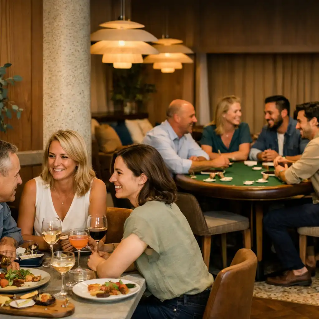 A group finishing a restaurant meal while friends gather around a real poker table in the nearby card room