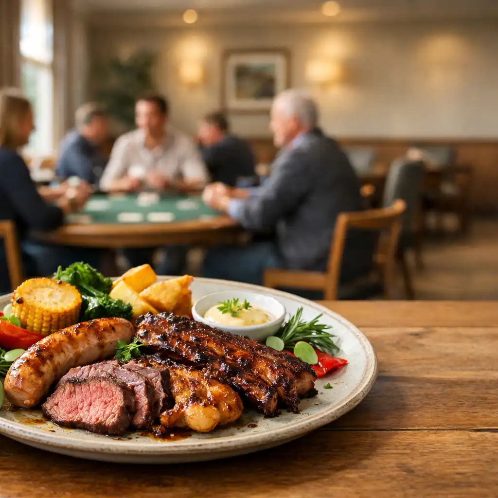 A composed grill plate on a timber table, with friends at physical poker tables in a bright card room behind.