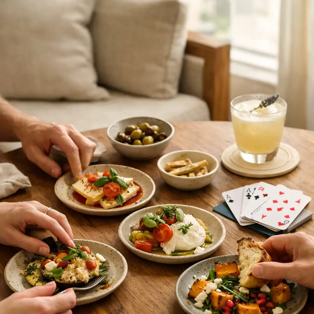 Hands sharing small plates beside a physical deck of cards at a bright card lounge table.