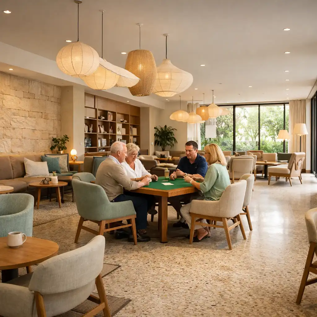 A bright card lounge with guests talking around a physical card table