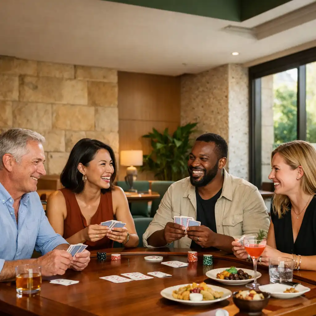 Friends gathered around a timber poker table with cards, shared food and drinks in a bright venue