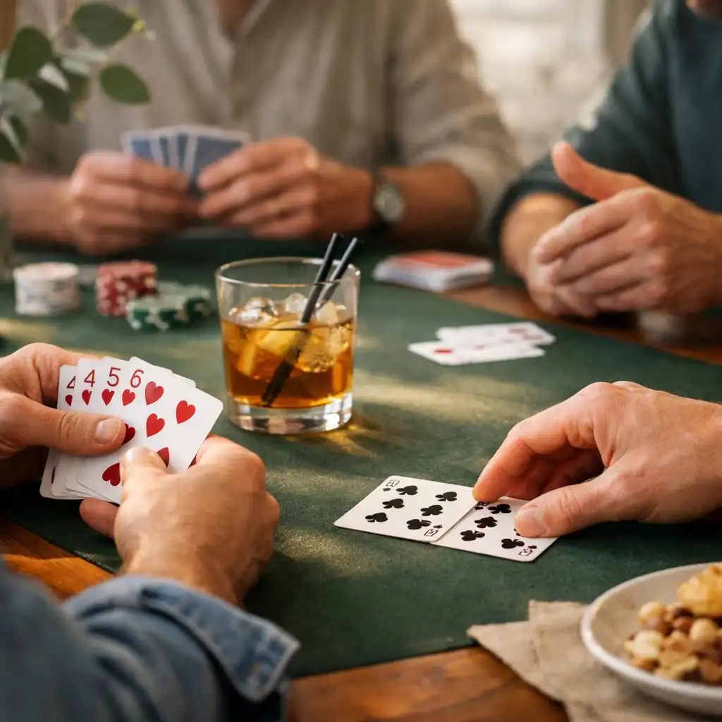 Hands arranging physical playing cards at a real poker table while friends talk nearby.