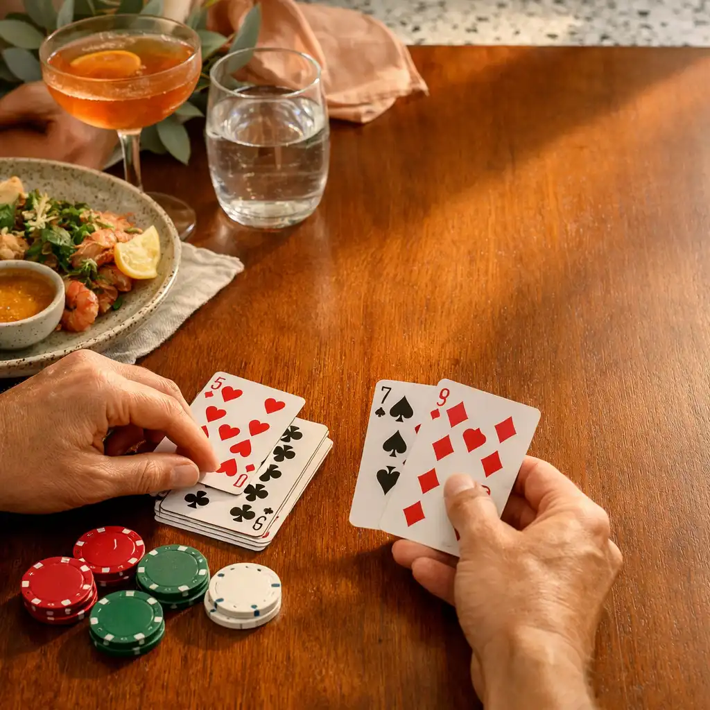 Hands arranging playing cards beside a shared dish and drink on a timber table