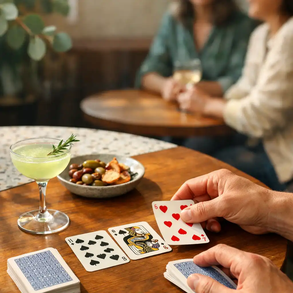 Hands dealing physical playing cards beside a cocktail and shared plate on a timber table.