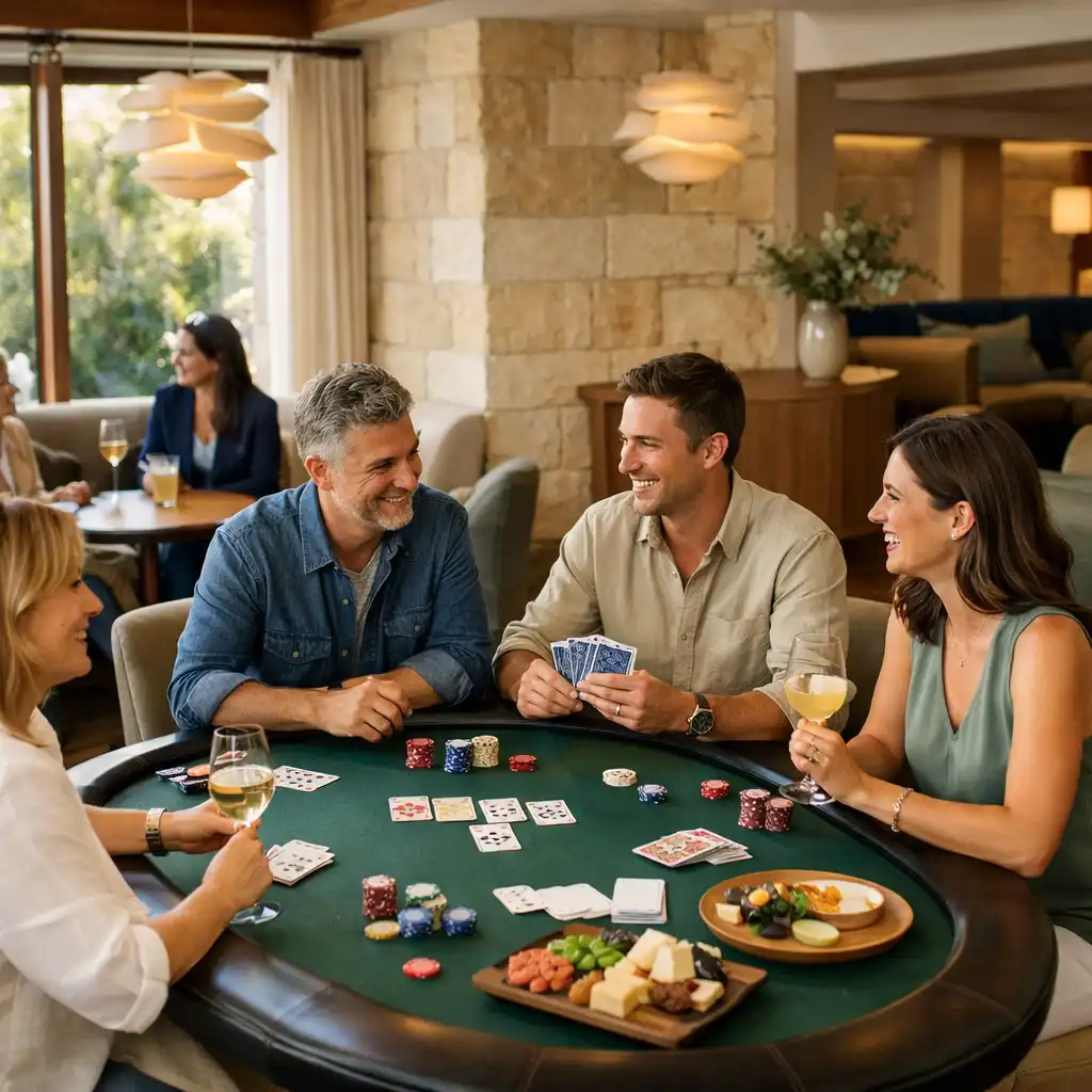 Friends talking around a real poker table in the bright Top 10 Choices card lounge.