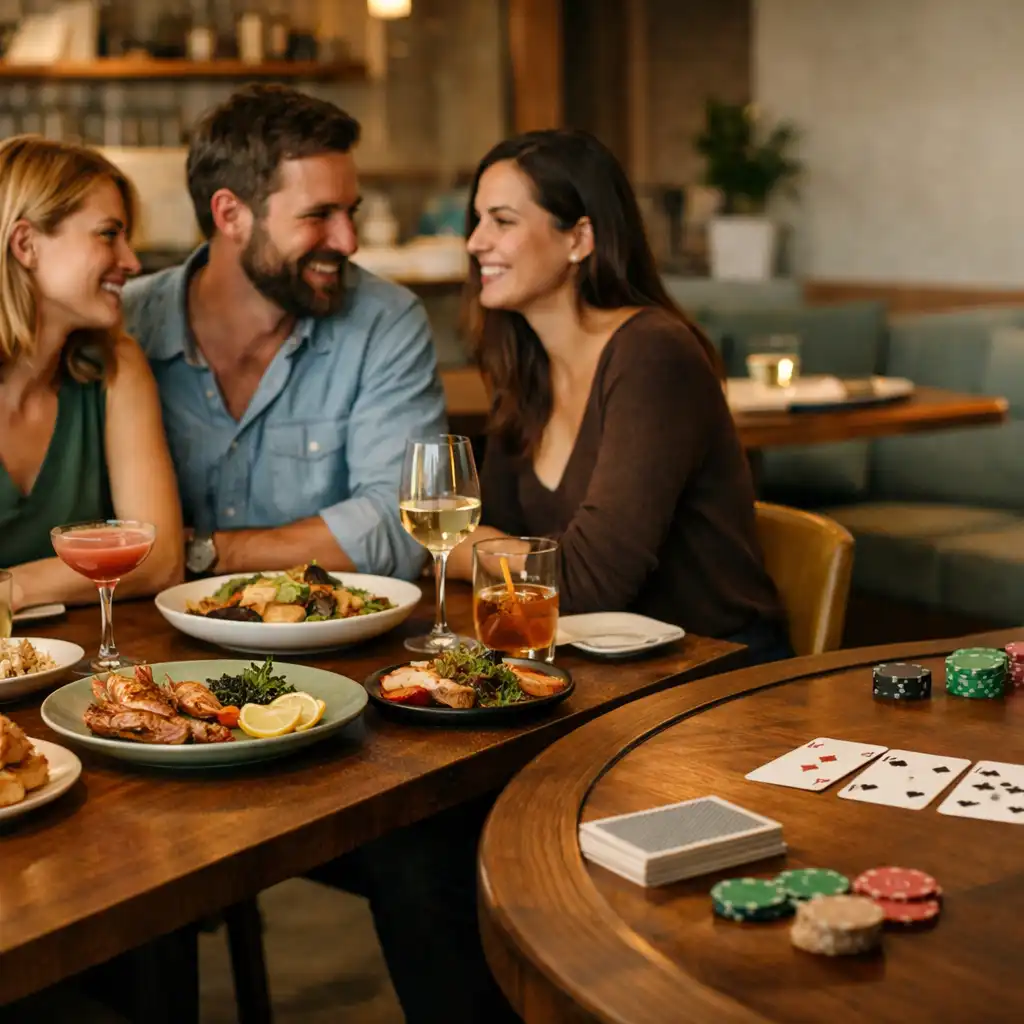 Shared dishes, drinks and friends in conversation beside a timber table with a physical deck of cards.