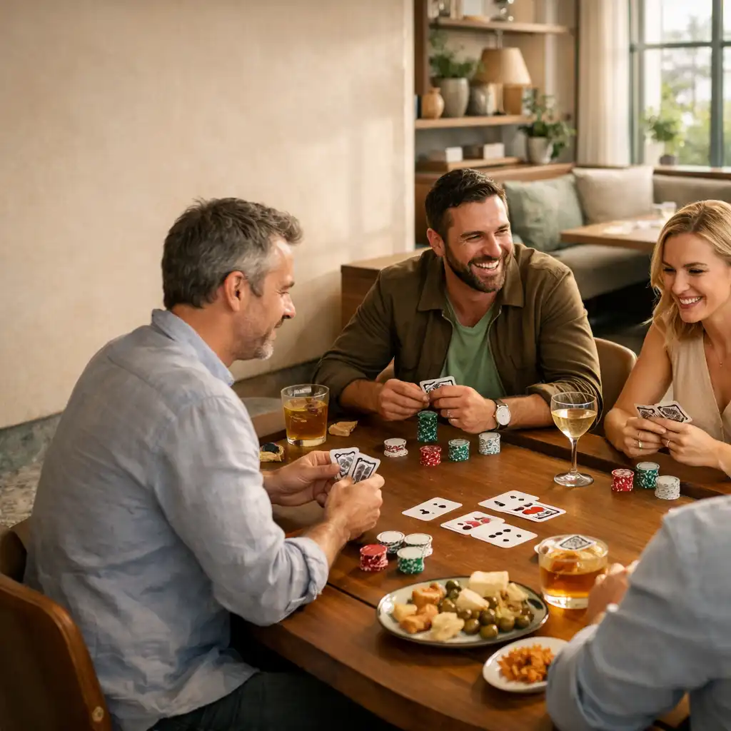 Friends talking around a timber poker table with shared dishes, physical cards and drinks in a bright restaurant setting.