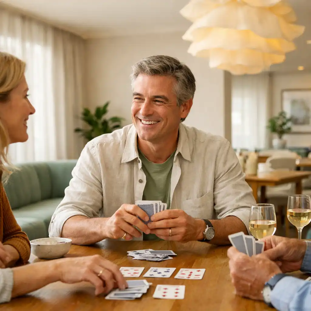 A host and friends arranging physical cards at a timber table in a bright card lounge with dining nearby.