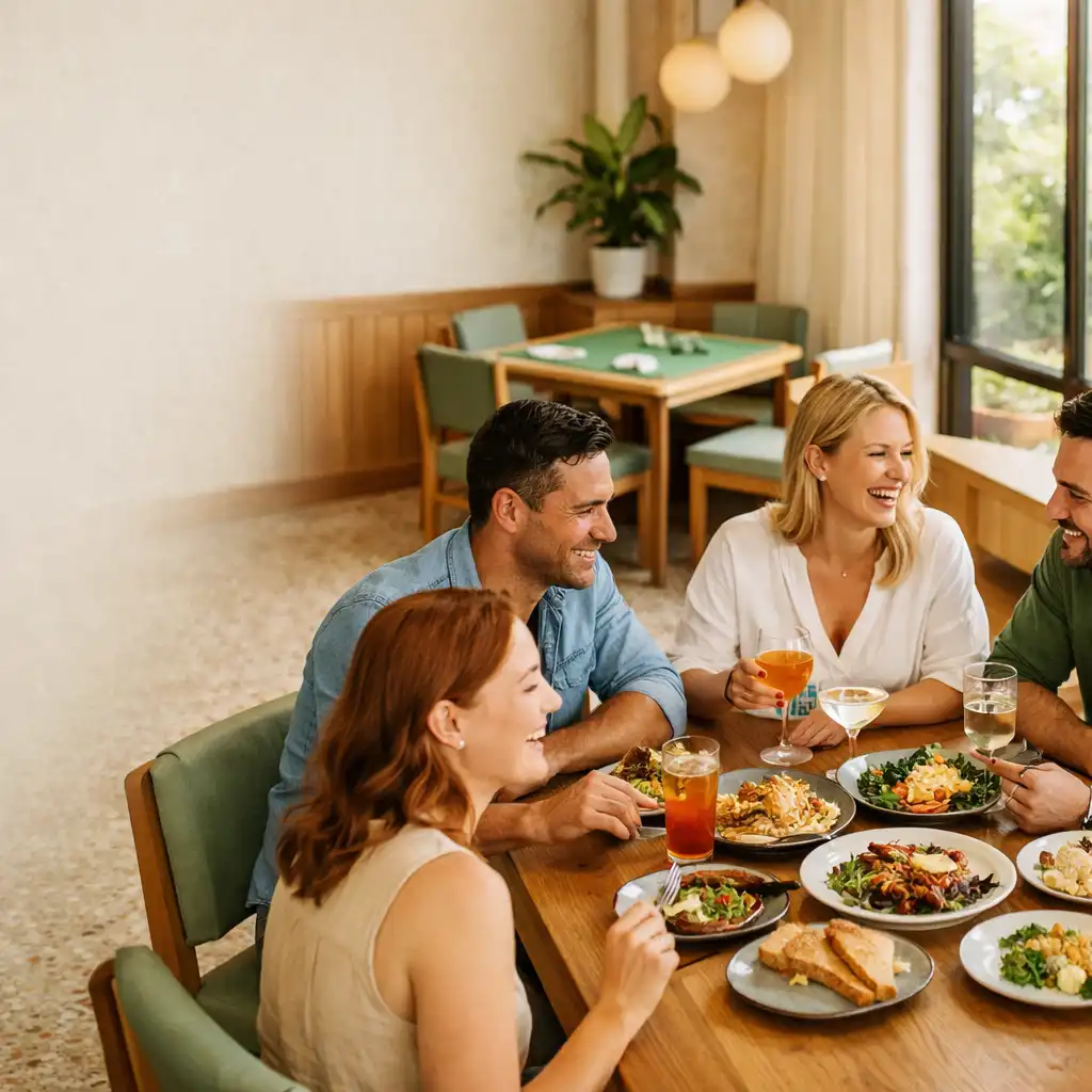 Friends sharing food and drinks around a timber table in the daylight-filled Top 10 Choices restaurant