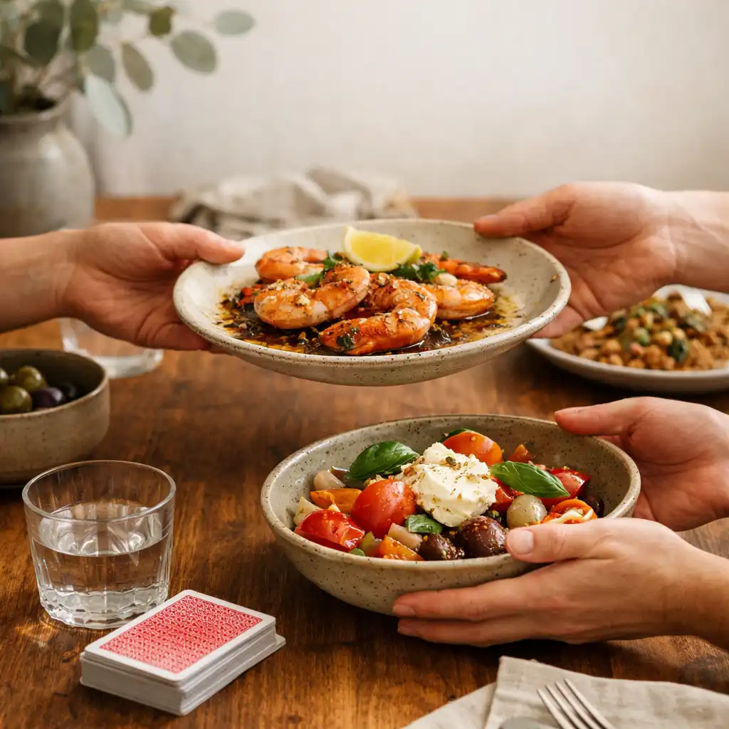Hands passing sharing dishes across a timber table with a physical deck of cards beside glassware