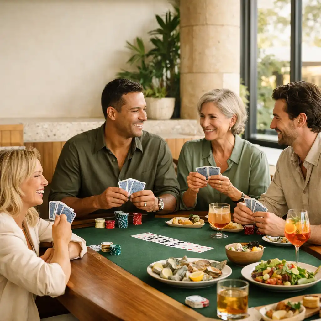 Friends sharing food, drinks and playing cards around a real timber poker table.